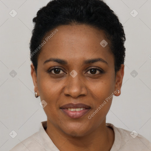 Joyful black young-adult female with short  black hair and brown eyes