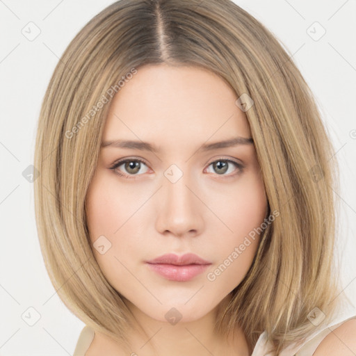 Neutral white young-adult female with long  brown hair and brown eyes