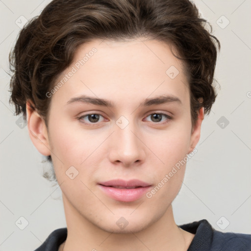 Neutral white young-adult female with short  brown hair and brown eyes