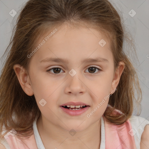 Joyful white child female with medium  brown hair and brown eyes