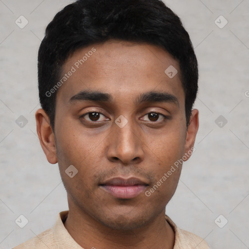 Neutral asian young-adult male with short  black hair and brown eyes