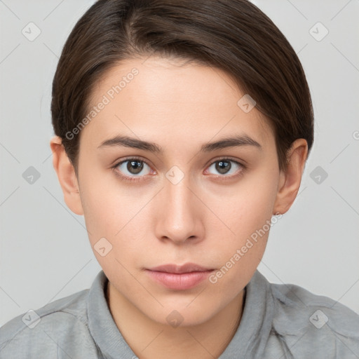 Neutral white young-adult female with short  brown hair and brown eyes