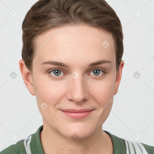 Joyful white young-adult female with short  brown hair and grey eyes