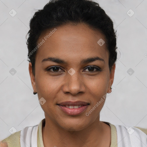 Joyful latino young-adult female with short  brown hair and brown eyes