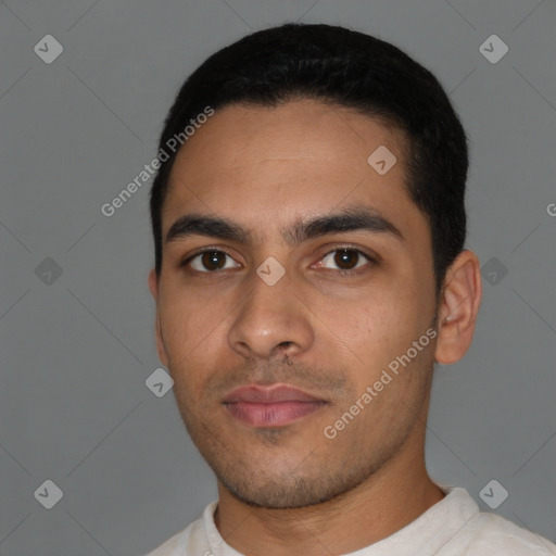 Neutral latino young-adult male with short  black hair and brown eyes