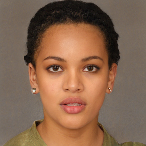 Neutral black young-adult female with short  brown hair and brown eyes