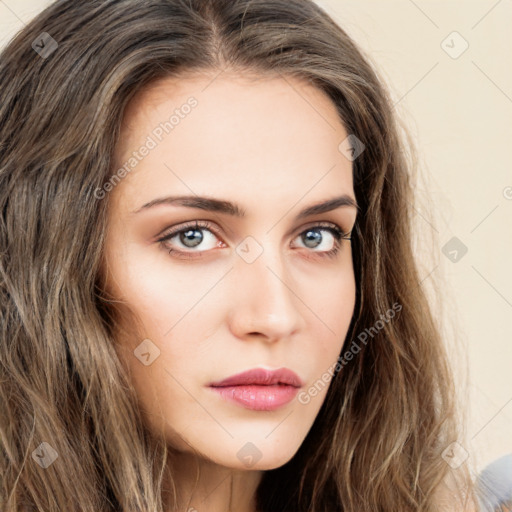 Neutral white young-adult female with long  brown hair and brown eyes