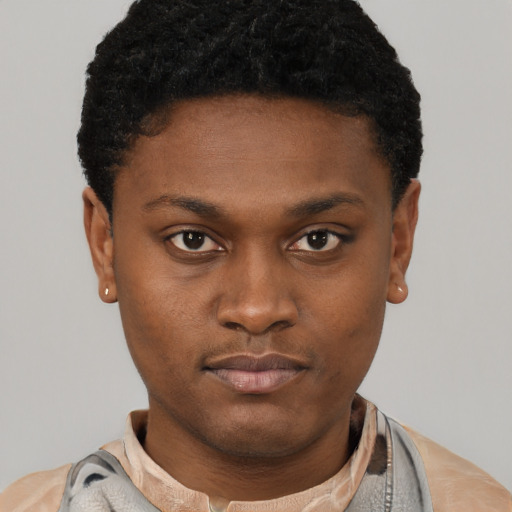 Neutral black young-adult male with short  black hair and brown eyes