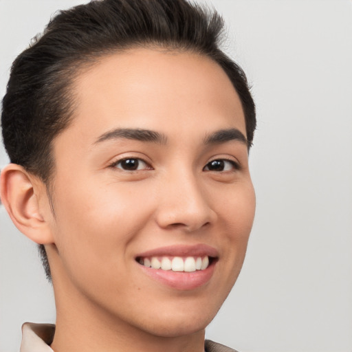 Joyful white young-adult female with short  brown hair and brown eyes