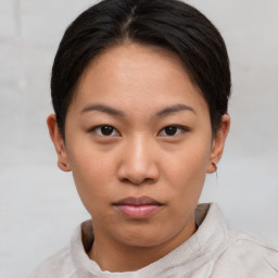 Neutral asian young-adult female with short  brown hair and brown eyes