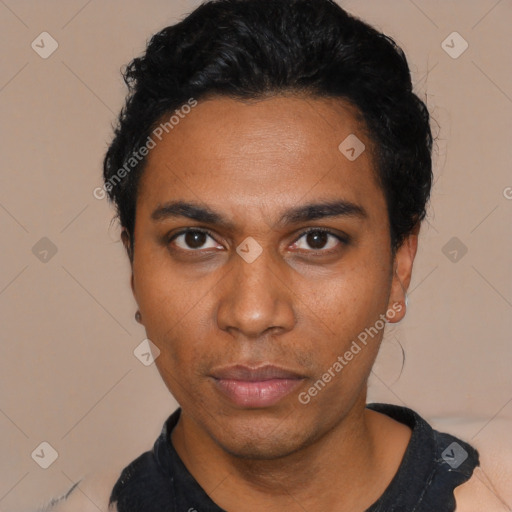 Neutral black young-adult male with short  black hair and brown eyes