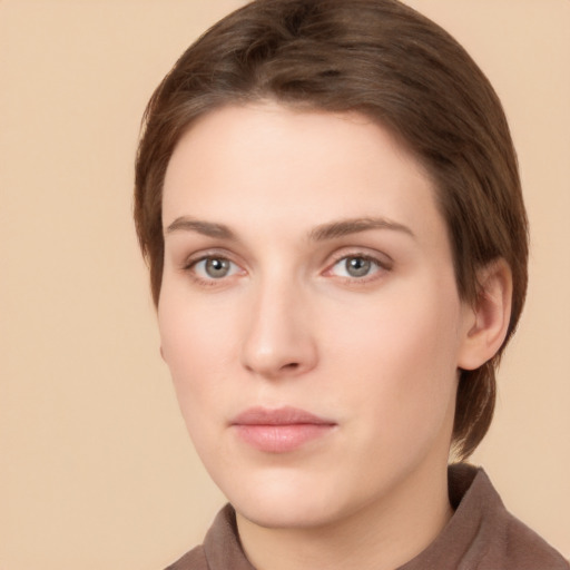 Neutral white young-adult female with short  brown hair and brown eyes