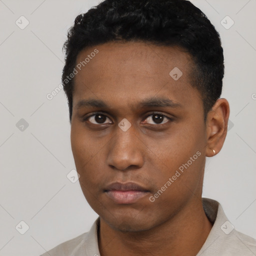 Neutral black young-adult male with short  black hair and brown eyes