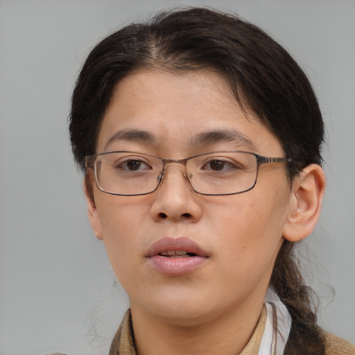 Neutral white young-adult female with medium  brown hair and brown eyes