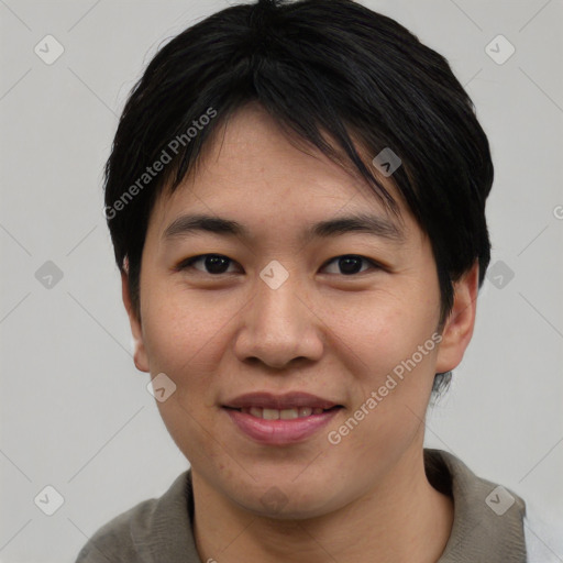 Joyful asian young-adult female with short  brown hair and brown eyes