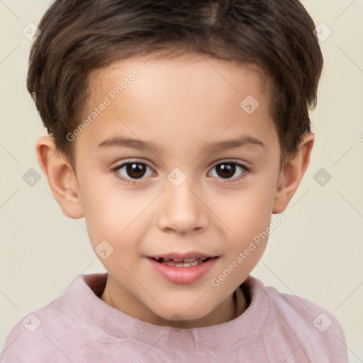 Joyful white child female with short  brown hair and brown eyes