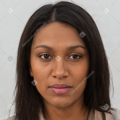 Neutral black young-adult female with long  brown hair and brown eyes