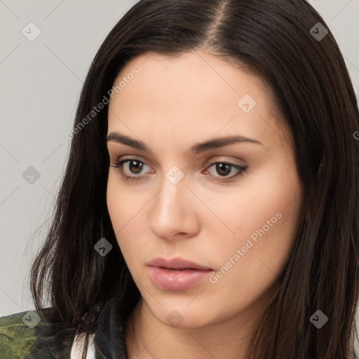 Neutral white young-adult female with long  brown hair and brown eyes