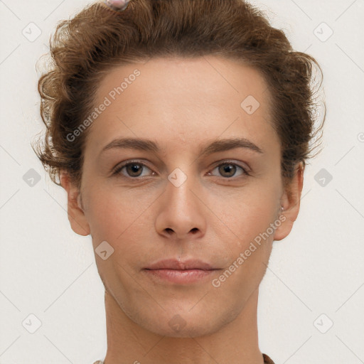 Neutral white young-adult female with short  brown hair and brown eyes