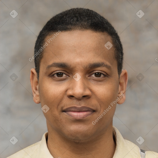 Joyful latino young-adult male with short  brown hair and brown eyes