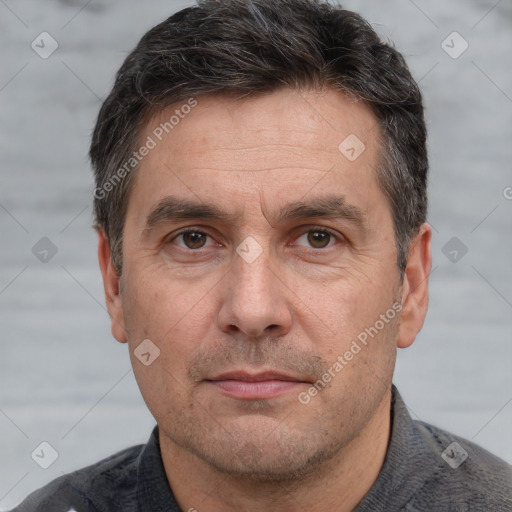 Neutral white adult male with short  brown hair and brown eyes