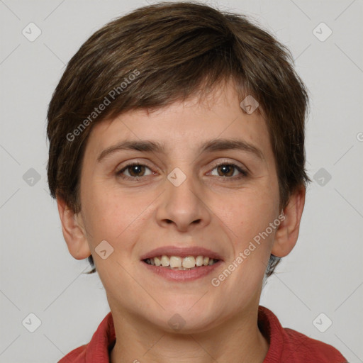 Joyful white young-adult female with short  brown hair and grey eyes