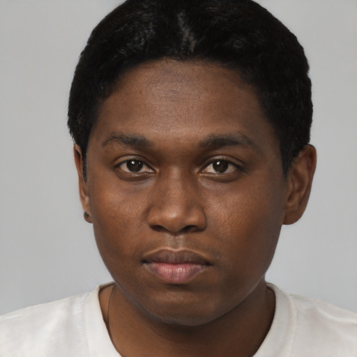 Neutral black young-adult male with short  black hair and brown eyes