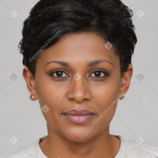 Neutral asian young-adult female with short  brown hair and brown eyes