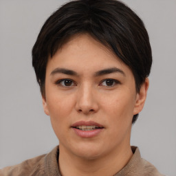 Joyful asian young-adult female with short  brown hair and brown eyes