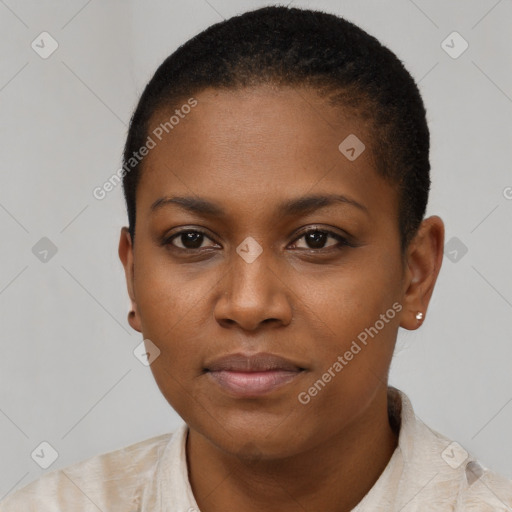 Neutral black young-adult female with short  brown hair and brown eyes