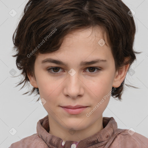 Joyful white child female with medium  brown hair and brown eyes