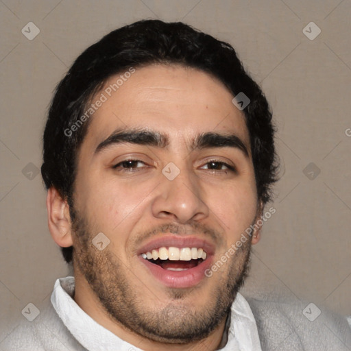 Joyful latino young-adult male with short  black hair and brown eyes