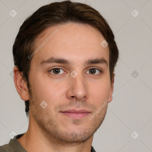 Neutral white young-adult male with short  brown hair and grey eyes