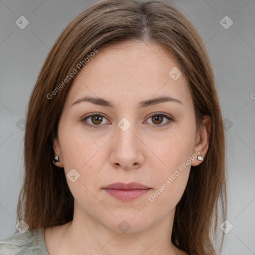 Neutral white young-adult female with medium  brown hair and brown eyes