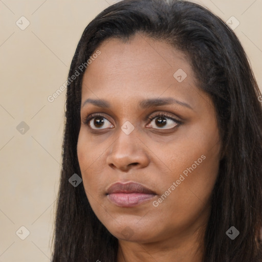 Joyful black young-adult female with long  brown hair and brown eyes