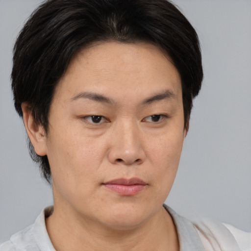 Joyful asian young-adult female with short  brown hair and brown eyes