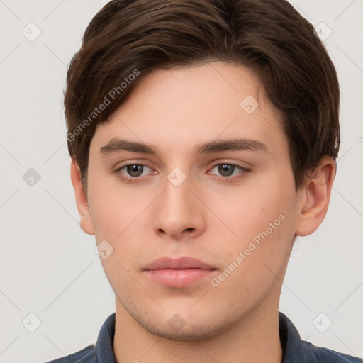 Neutral white young-adult male with short  brown hair and brown eyes