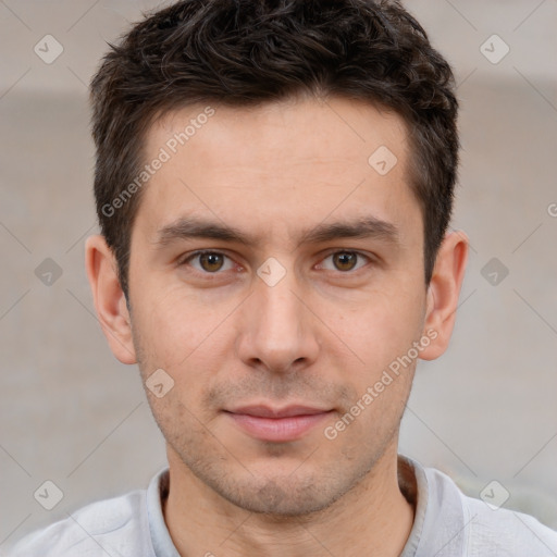 Neutral white young-adult male with short  brown hair and brown eyes