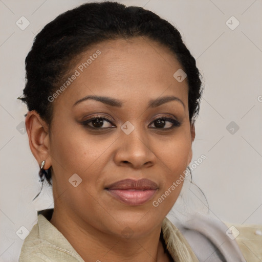 Joyful black young-adult female with medium  brown hair and brown eyes