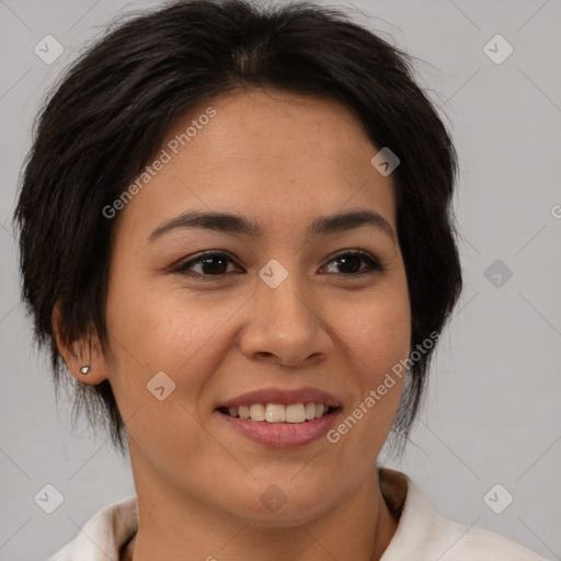 Joyful white young-adult female with medium  brown hair and brown eyes