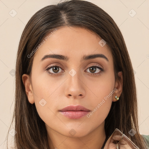 Neutral white young-adult female with long  brown hair and brown eyes