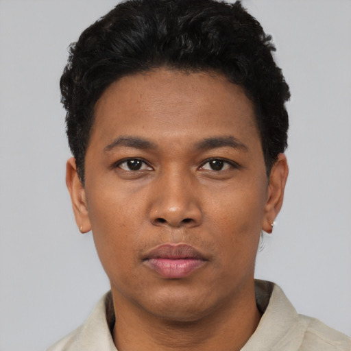 Neutral black young-adult male with short  black hair and brown eyes