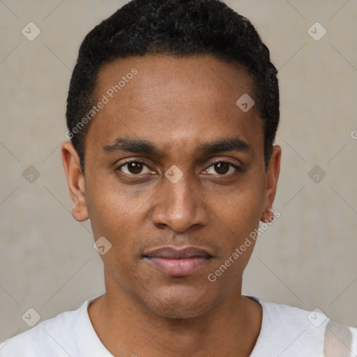 Neutral black young-adult male with short  black hair and brown eyes