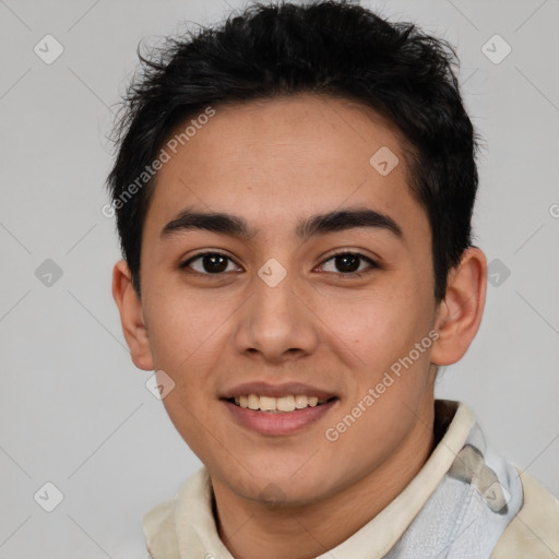 Joyful latino young-adult male with short  brown hair and brown eyes