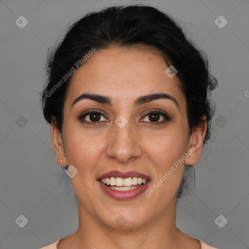 Joyful latino young-adult female with medium  brown hair and brown eyes