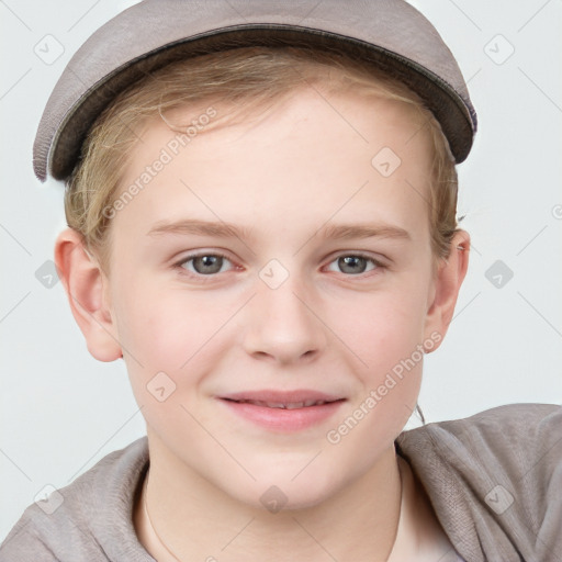 Joyful white child female with short  brown hair and grey eyes