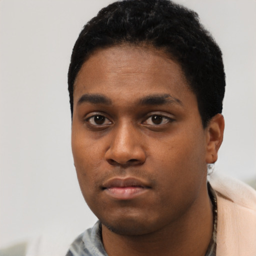 Neutral black young-adult male with short  black hair and brown eyes
