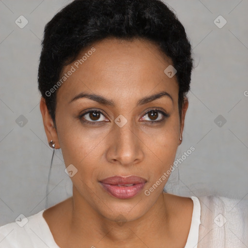 Neutral latino young-adult female with short  black hair and brown eyes