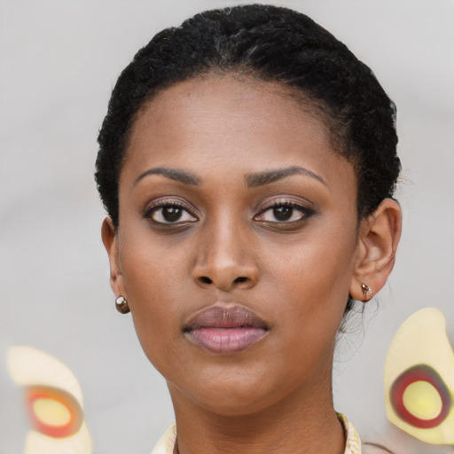 Neutral black young-adult female with short  black hair and brown eyes