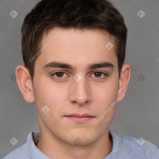 Neutral white young-adult male with short  brown hair and brown eyes